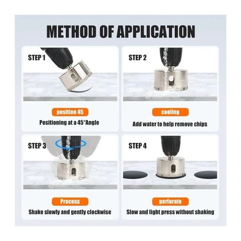 Premium Diamond Coated Hole Saw Bits Set For Drilling Tile Glass Marble Granite And Stone With Cup Shape Design That Provides Smooth Clean Holes Without Chipping Or Cracking While Matching Your Standard Handheld Power Drill For Super Easy Home use with 45-degree angle and water cooling steps