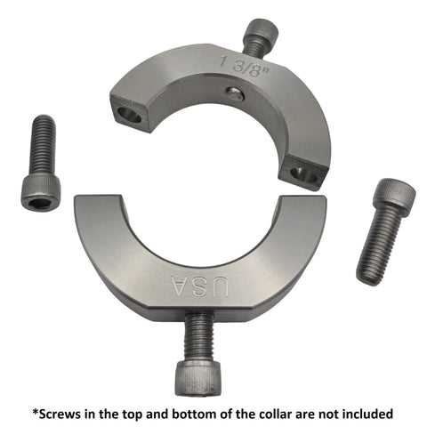 Heavy Duty Two Piece Shaft Collar With 1.375 Inch Bore And Tapped Holes For Straight Up Bracket Setup Rock Solid 303 Stainless Steel close-up showing collar and screws.