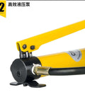 Close-up of Hydraulic Knockout Punch Kit Six Piece Hole Cutter Set With Puncher, yellow 8 Ton Hydraulic Puncher for metal sheets.