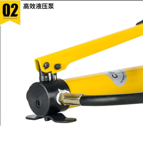 Close-up of Hydraulic Knockout Punch Kit Six Piece Hole Cutter Set With Puncher, yellow 8 Ton Hydraulic Puncher for metal sheets.