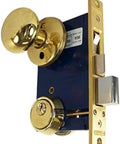 Right Hand Reverse Double Cylinder Iron Gate Mortise Lock Set With Two And A Half Inch Backset 1 Inch Deadbolt Thru Bolted Polished Brass Faceplate Ornamental Gate Lock For Strong Exterior Security with polished brass finish