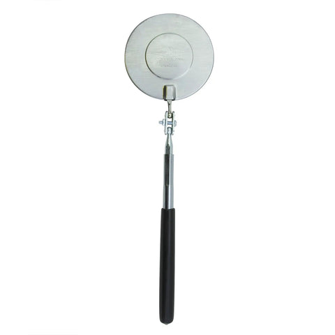 Front view of Beefy Heavy Duty Telescoping Circular Mirror With Adjustable Ball Joint For Precise Angles, 3.25 Inch Mirror, 11 To 15 Inch Extendable Handle, Non Rotating Hex Rod Keeps Alignment, Vinyl Grip.