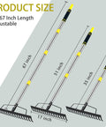 Heavy Duty Garden Bow Rake With Stainless Steel Handle 5.4 Foot Reach 17 Tine Metal Head displayed in three adjustable sizes