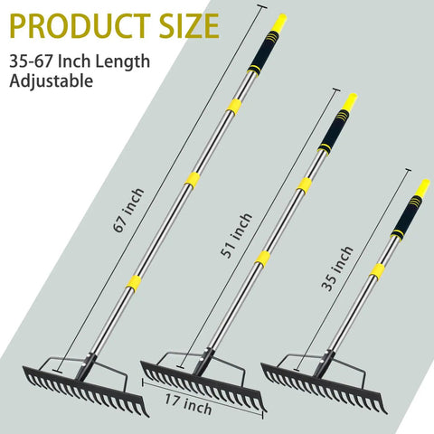 Heavy Duty Garden Bow Rake With Stainless Steel Handle 5.4 Foot Reach 17 Tine Metal Head displayed in three adjustable sizes
