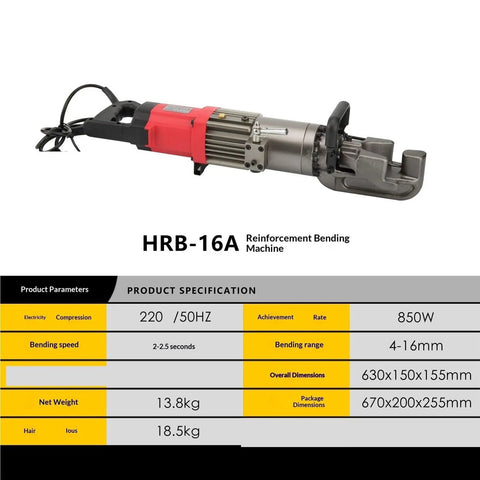 Portable Electric Rebar Cutter And Steel Bar Bending Tool For Construction Sites with specifications and dimensions displayed.
