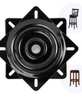 Heavy Duty 6.25 Inch 360 Degree Bar Stool Swivel Plate Replacement Base For Recliners And Bar Stools Universal Mount Pattern 125x125 To 177x177 mm 24mm High Ball Bearing Swivel Fits Chairs Boat Seats Vans, showing black swivel plate with two bar stool examples