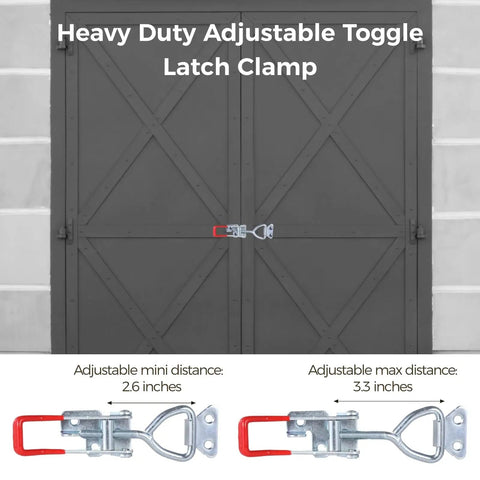 Heavy Duty Toggle Latch Clamp Set With Adjustable Hasps And Lock Hole securing large gray door, 1320 lbs capacity, 2.6-3.3 in range