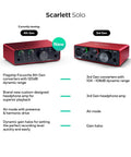 Scarlett Solo 4th Gen USB Audio Interface Bundle with comparison to 3rd Gen showcasing design and dynamic range features.