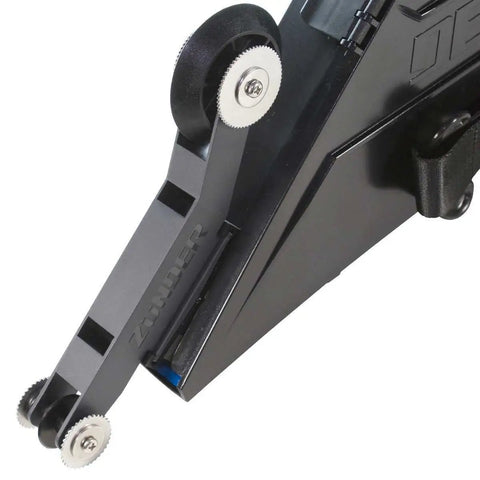Zunder Drywall Banjo Taping Tool With Belt Holster Hands Free Carry Option close-up of side arm and wheel mechanism