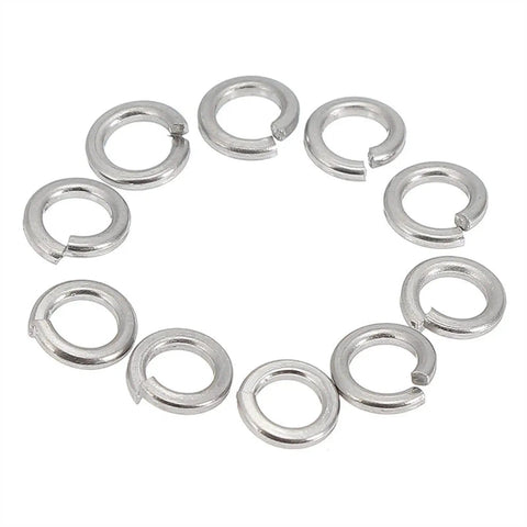 Close-up of split lock washers from M3 304 Stainless Steel O Ring And Lock Washer Kit with 100 Pcs for auto DIY fixes in cars, trucks.