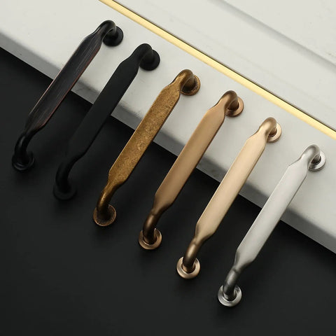 Brushed Brass Cabinet Pulls 3 Inch (76mm) For Kitchen Cabinets And Drawers, 2 Pack Heavy Duty Metal Handles displayed with other finishes