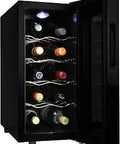 10 Bottle Black Thermoelectric Wine Cooler With Touch Screen Controls Freestanding 1 Cu Ft Fridge shown with door open and bottles inside.