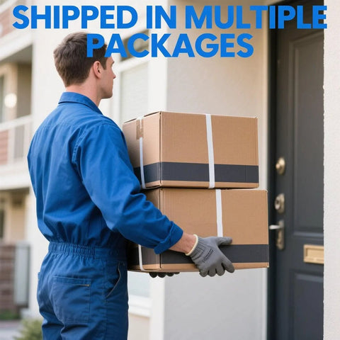 Delivery person carrying two cardboard boxes labeled 'Shipped in Multiple Packages' at a doorway.