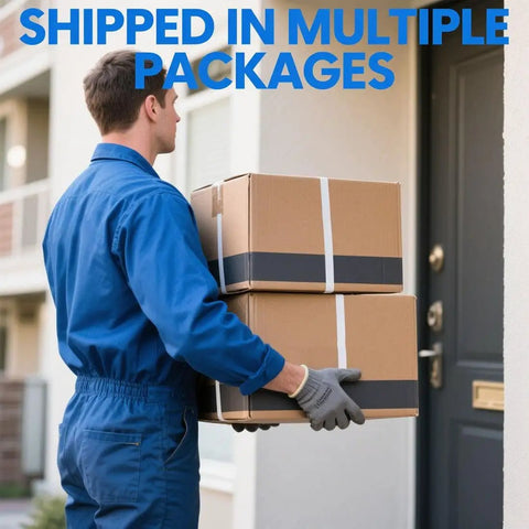 Delivery person carrying two brown boxes at a door, wearing gloves and a blue uniform, emphasizing shipping in multiple packages.