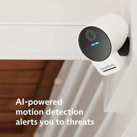 140° FOV outdoor camera from 10 Piece Wireless Home Security System With Outdoor Camera And Optional 24 7 Monitoring No Contract Ready To Roll Works With Alexa And Google Assistant Today mounted on a white ceiling.