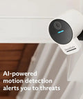 6 Piece Wireless Home Security System With Outdoor Camera, Plug And Play Setup mounted on white wall, AI detection feature shown.