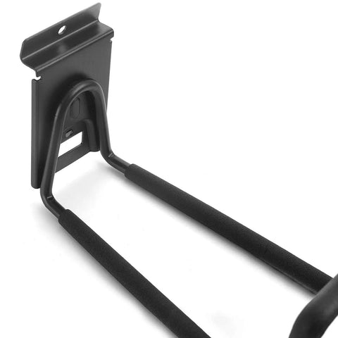 Close-up of Beefy Two Pack Heavy Duty Slatwall Hooks for Garage Storage Double Holder Hanger Organizer, black metal design