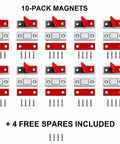 Ultra Thin Magnetic Cabinet Latch No Drill 10 Pack With Adhesive And Screws set in red and silver, flat lay view