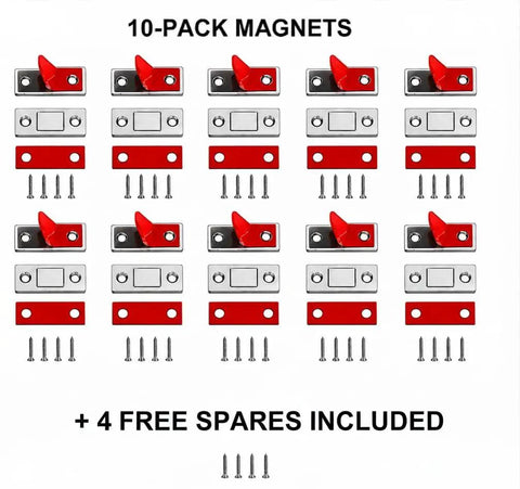 Ultra Thin Magnetic Cabinet Latch No Drill 10 Pack With Adhesive And Screws set in red and silver, flat lay view