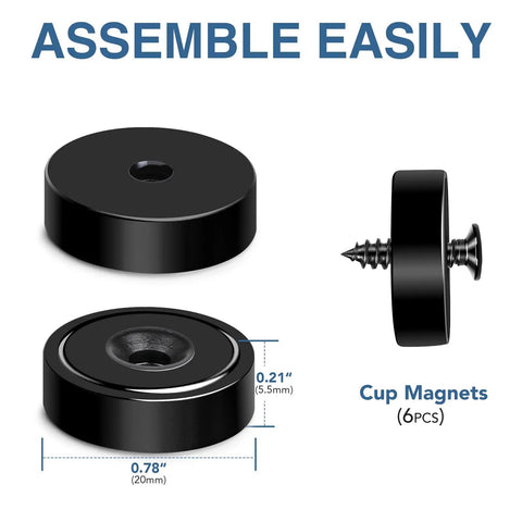 Neodymium Cup Magnets With Center Holes, Beefy 40-Pound Pull, detailed size showing dimensions and screw assembly, 6 pack