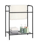 Freestanding 3 Tier Towel Rack Stand With Storage Shelf Black Metal for Towels Linens and Blankets in bathroom setting
