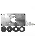 Rock Solid Aluminium Router Table Insert Plate With Precision Bushings and Aligning Rings for Woodworking Milling Trimming features mounting holes and bushings.