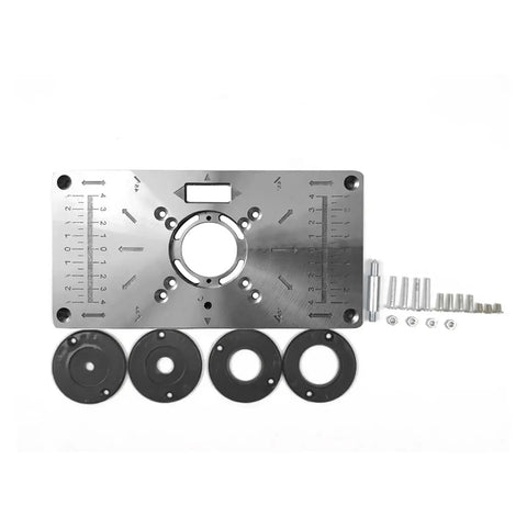 Rock Solid Aluminium Router Table Insert Plate With Precision Bushings and Aligning Rings for Woodworking Milling Trimming features mounting holes and bushings.