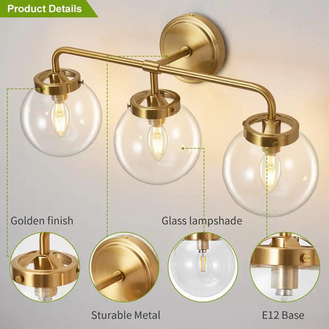Three Light Vanity Wall Sconce Over Mirror In Matte Gold Finish With Transparent Glass Ball Shade, showcasing details