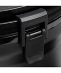 Close-up of clasp on 2 Gallon Insulated Water Jug With Leakproof Spigot And Foam Lid For Camping Office Or Events BPA Free Black Beverage Cooler