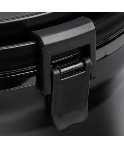 Close-up of clasp on 2 Gallon Insulated Water Jug With Leakproof Spigot And Foam Lid For Camping Office Or Events BPA Free Black Beverage Cooler