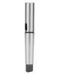 Front view of MT4-MT2 taper drill sleeve adapter in steel, two-tone silver and dark finish with a side hole