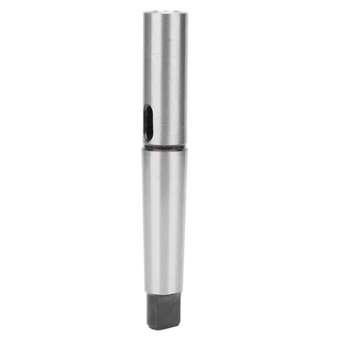 Front view of MT4-MT2 taper drill sleeve adapter in steel, two-tone silver and dark finish with a side hole