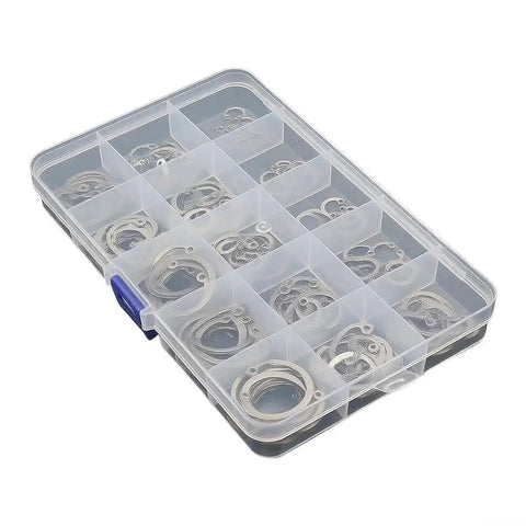 Heavy Duty E-Type Snap Ring Set Made From Super Strong 65Mn Manganese Alloy Steel in a compartmented storage box.