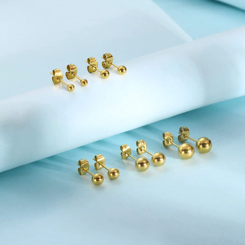 Ball Stud Earrings For Women And Men 316L Stainless Steel Hypoallergenic Jewelry Set Lead Free And Nickel Free 3 To 7mm Sizes 5 Pairs Everyday Lightweight Comfort, gold-tone pairs on blue backdrop