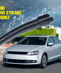 Close-up of 24/19 inch windshield wiper blades for VW next to Jetta, highlighting HD performance, no streaks, and quiet operation.