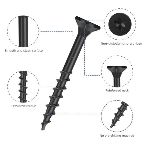 Black Deck Screws For Wood And Outdoor DIY Projects, Rust Proof And Salt Spray Ready, Epoxy Coated With T25 Torx Bit Included, Built To Stand Up To Pressure Treated Lumber Or Composite Decks, Perfect For Fences And Decks, 0.44 Lb Trial Pack, Size 8 By 1 shown with features like reinforced neck and smooth surface