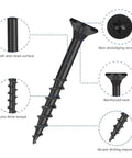 Heavy Duty Number 8 By 2 Inch Black Deck Screws Tough Carbon Steel Fasteners Rust Free Corrosion Resistant Hardware close-up view.