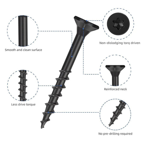 Heavy Duty Number 8 By 2 Inch Black Deck Screws Tough Carbon Steel Fasteners Rust Free Corrosion Resistant Hardware close-up view.
