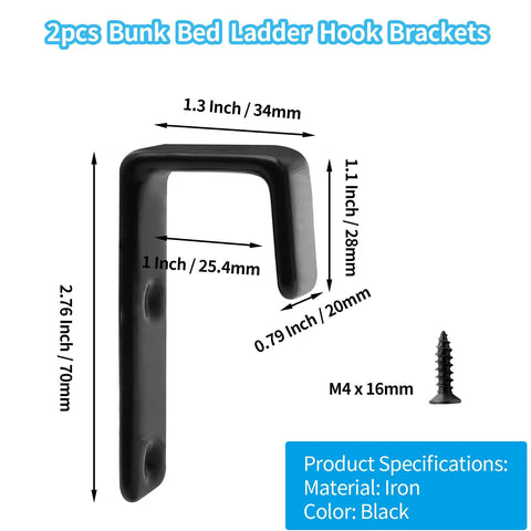 Tough As Nails 2 Pack Bunk Bed Ladder Hook Brackets Heavy Duty Black Iron J Clips with smooth finish and screws.