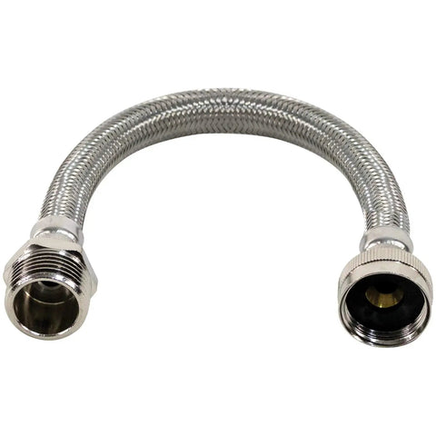Braided Stainless Steel Water Inlet Hose With Three Quarters Inch MGH To Three Quarters Inch FGH, One Foot, Heavy Duty Washer And Appliance Connector