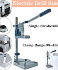 Adjustable Drill Press Stand For Hand Drill Universal Bench Clamp Aluminum Base Steel Column showing clamp range 38-43mm and 60mm stroke.