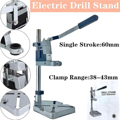 Adjustable Drill Press Stand For Hand Drill Universal Bench Clamp Aluminum Base Steel Column showing clamp range 38-43mm and 60mm stroke.