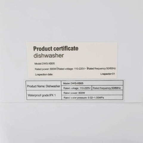 Ace Portable Countertop Dishwasher certificate showing model DWS-XB05, 800W power, and IPX1 waterproof rating.