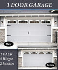 Magnetic Garage Door Decorative Faux Hinges And Handles Hardware Kit Black Includes 4 Hinges And 2 Magnetic Handles Easy No Drill Installation Durable ABS With Rust Iron Finish Ideal For Steel Doors, shown installed on garage door.