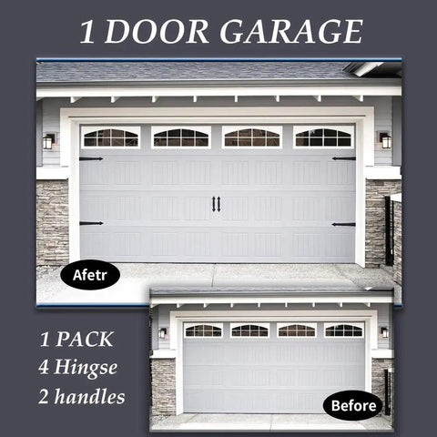Magnetic Garage Door Decorative Faux Hinges And Handles Hardware Kit Black Includes 4 Hinges And 2 Magnetic Handles Easy No Drill Installation Durable ABS With Rust Iron Finish Ideal For Steel Doors, shown installed on garage door.