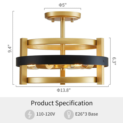 5 Light Metal Rectangle Chandelier With Imitation Wood Grain Finish, E26 Base, 9.4in height, black and gold accents