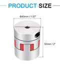 Aluminum shaft coupling with red jaw slots; fits 8–17 mm shafts, 50 mm length, 40 mm diameter