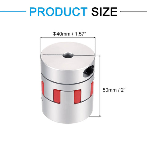 Aluminum shaft coupling with red jaw slots; fits 8–17 mm shafts, 50 mm length, 40 mm diameter