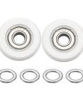 Bulletproof Nylon Ball Bearing Rollers With Double Sealed Idler Housing Butter Smooth Cabinet Slide And Home Fitness Track Repair Sets Featuring Heavy Duty Stainless Gaskets And Quick Swap Installation White Coating with two white nylon wheels and four steel washers.