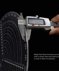 Side view of 300mm clear acrylic center finder compass for wood turning with digital caliper measuring diameter